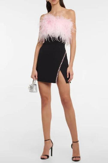 Woochic robe à plumes bustier fendue sertissage en strass rose XS